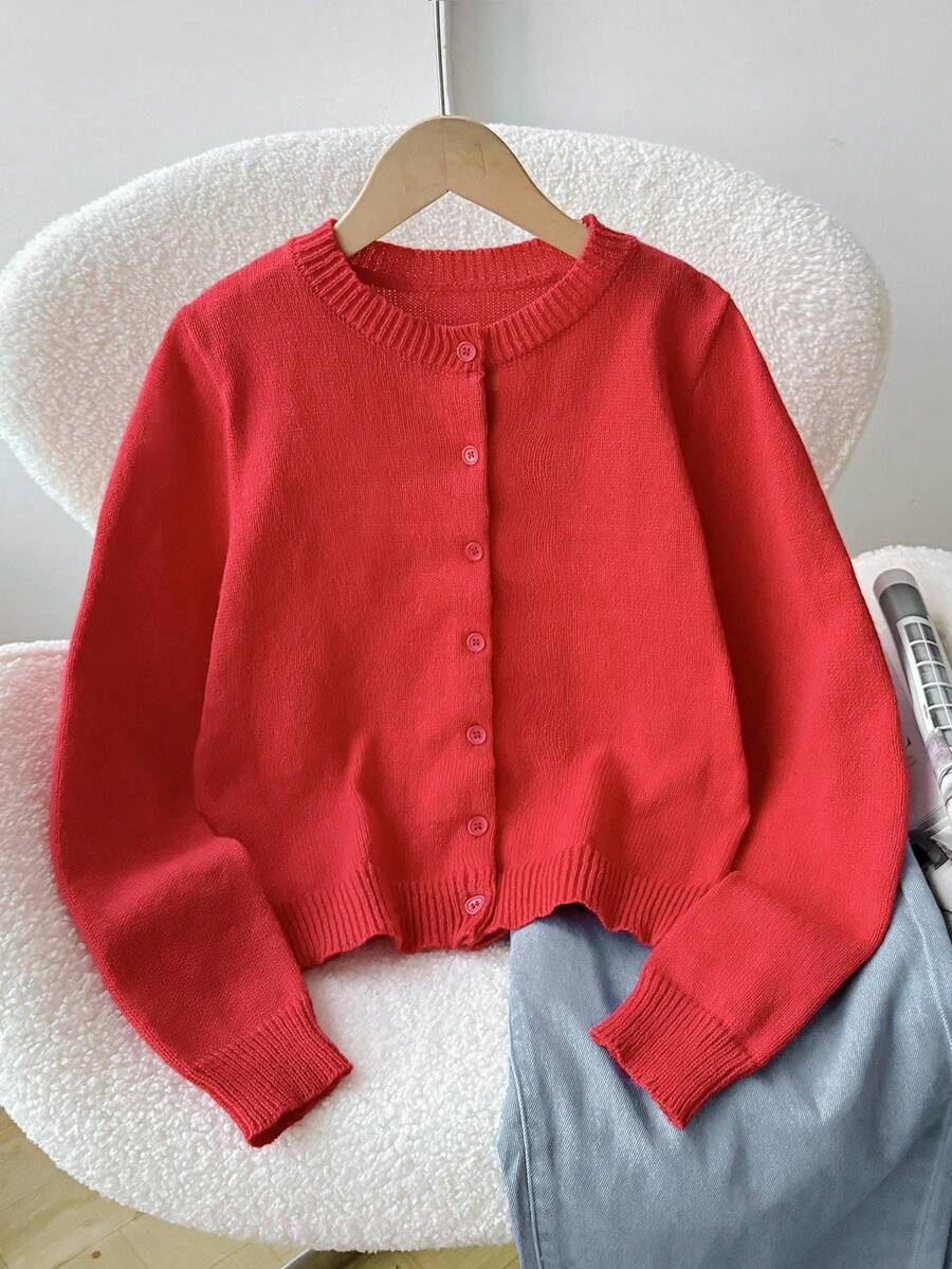 SHEIN 青少年女孩宽松休闲简约舒适圆领前开纯色毛衣秋冬女孩服装 - 紅色 - 查看 1