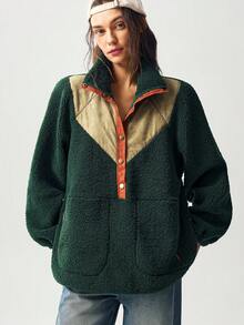 Bohemela Autumn/Winter Women's Vintage Women's Casual Loose Green Colorblock Patchwork High Neck Half Button Up Teddy Sweatshirt, Western Country Style Concert Vacation, Suitable For Vacation & Daily Wear & Back To School, Halloween , Christmas - Multicolor - View 5