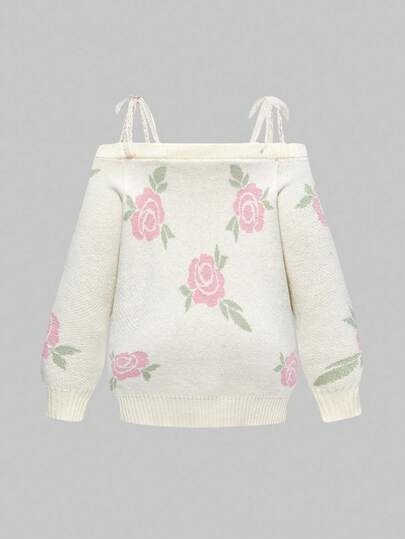 Kawaii Suéter de punto con hombros descubiertos y rosas, estilo vintage y romántico, talla grande, para otoño/invierno