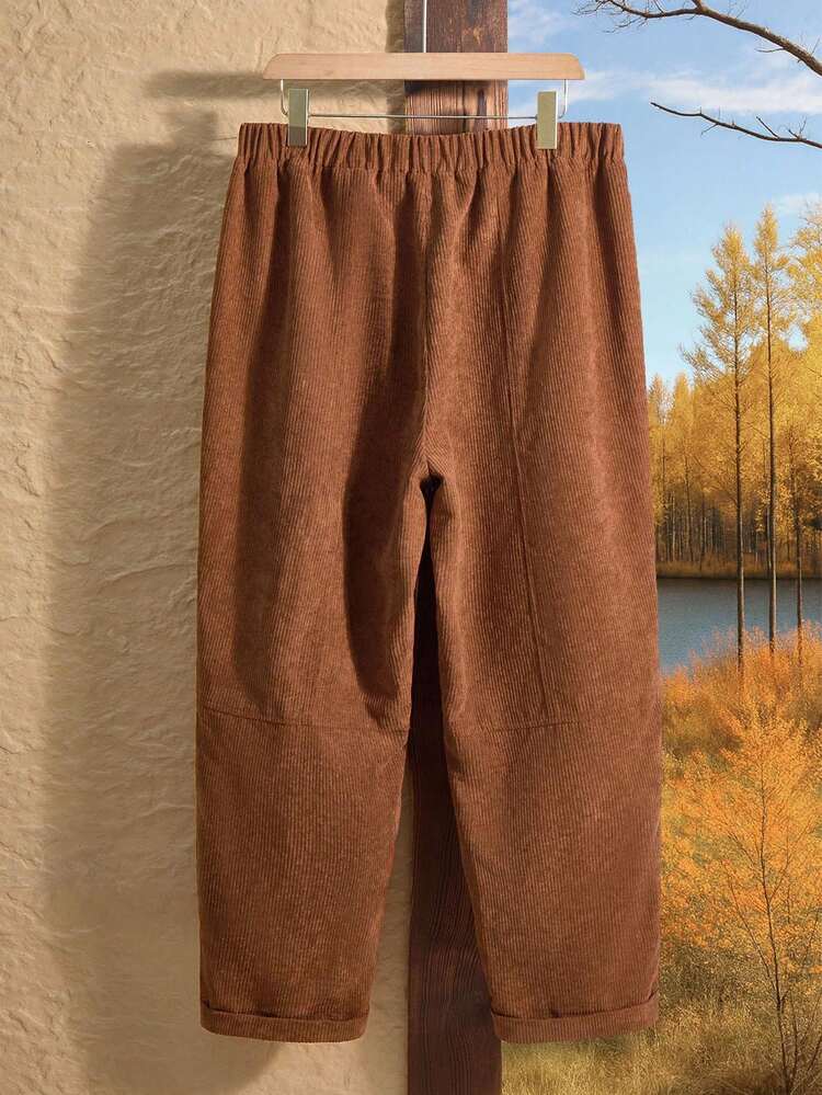 Pantalon en velours côtelé de couleur unie marron avec poches pour femmes grandes tailles, automne/hiver, sortie, nouveauté 2025, simple et pour un port quotidien, Noël