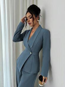 Elenzga 女士优雅翻领 V 领长袖独特设计腰带纽扣高端西装外套和直筒阔腿裤两件套西装，适合秋季上班通勤 - 藍色 - 查看 5