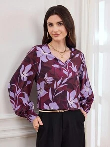Miaspire Women's Floral Print V-Neck Lantern Sleeve Loose Fashion Blouse - Multicolor - View 4
