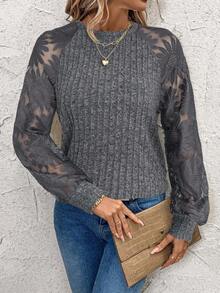 SHEIN Clasi Women's Fuzzy Patchwork Sunflower Lace T-Shirt - Dark Grey - View 3