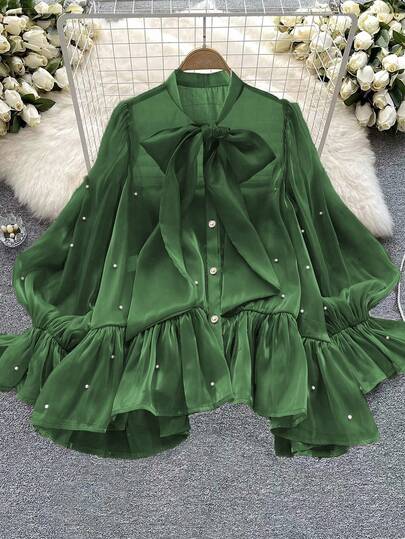 Rometta Plus Size Women's Beaded Bow Flare Sleeve Blouse