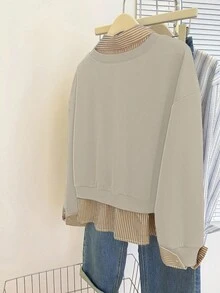 INAWLY 休闲通勤简约百搭长袖宽松女式运动衫 - 卡其色 - 查看 2