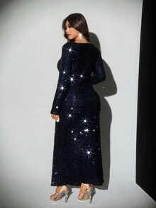 Viva Relle 1 chiếc váy ôm sát tay dài, cổ tròn, xếp ly, xếp nếp, lót kim sa lấp lánh dành cho nữ, xẻ tà bên hông, màu trơn, trang phục đường phố thanh lịch, thích hợp cho mùa đông, đa năng cho các bữa tiệc, lễ Tạ ơn, trà chiều - Xanh đậm - Xem 2