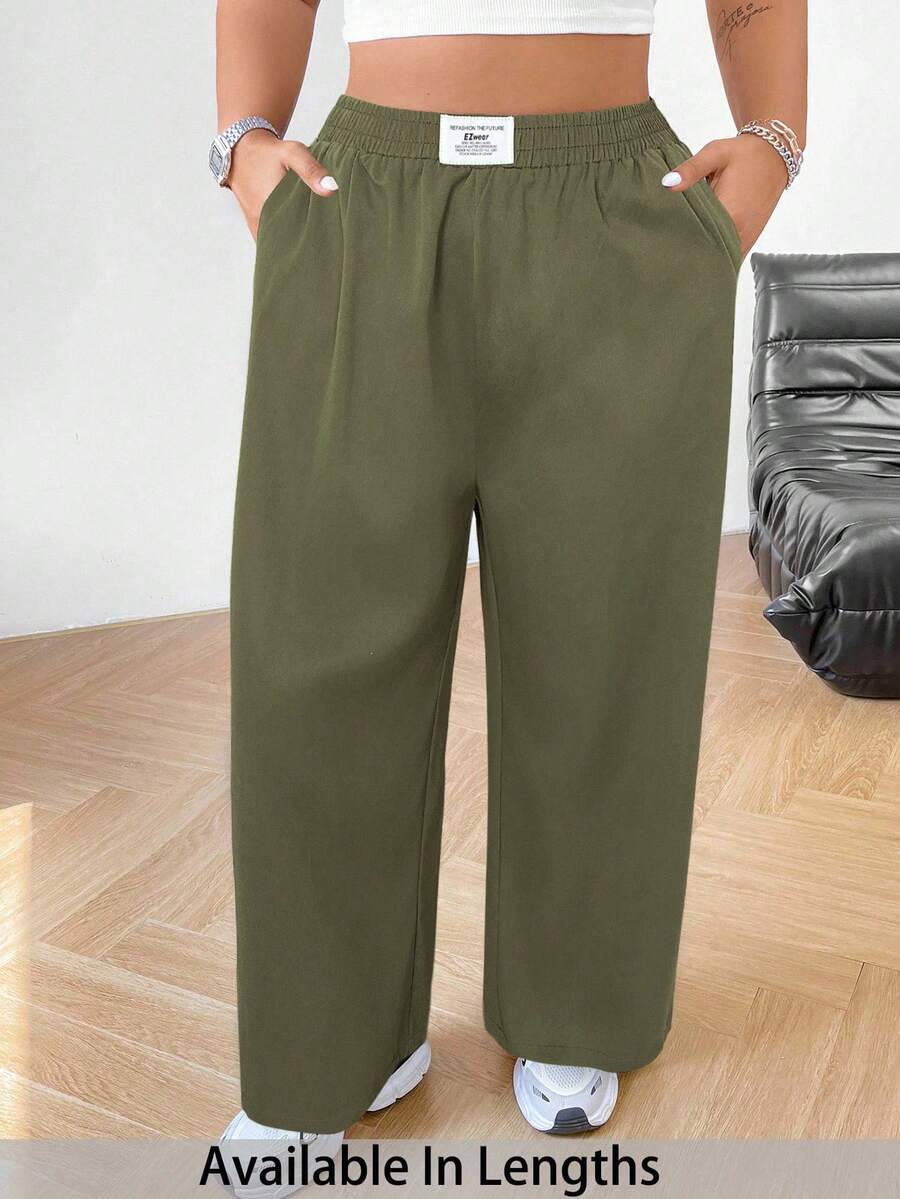 SHEIN PETITE CURVE Quần ống rộng màu đen thường ngày cỡ lớn dành cho nữ - xanh quân đội - Xem 1