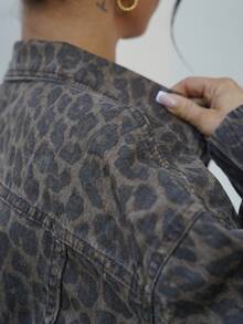 SAYEHFBABY Women's Front-Button Long Sleeve Casual Leopard Print Washed Denim Jacket - Multicolor - View 3