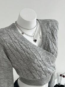Flirla Women's V-Neck Oblique Placket Belted Slim Fit Long Sleeve Casual Fashionable Knit Sweater, Autumn/Winter - Light Grey - View 5