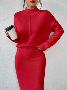 Almamuse Set de suéter de 2 piezas con top de manga larga de cuello alto y falda de punto casual - Rojo - Ver 6