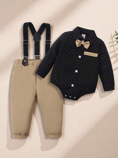 SHEIN 2pcs Baby/Toddler Boys Polka Dot Long Sleeve Bow Tie Shirt With Comfortable Bib Pants Gentleman Outfit, Suitable For Casual, Formal, Party, Halloween, Christmas Occasions Baby Boy Gentleman Outfit Toddler Tuxedo Set Baby Boy Suit Set Infant Classic Bib Pants Baby Boys Holiday Wedding Dress