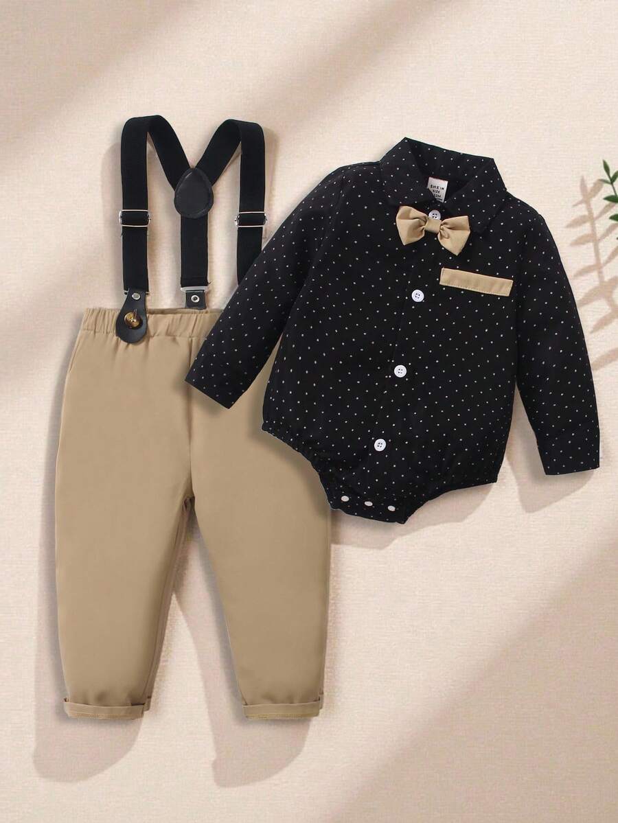 Souflis Souflis 2pcs Baby/Toddler Boys Polka Dot Long Sleeve Bow Tie Shirt With Comfortable Bib Pants Gentleman Outfit, Suitable For Casual, Formal, Party, Halloween, Christmas Occasions Baby Boy Gentleman Outfit Toddler Tuxedo Set Baby Boy Suit Set Infant Classic Bib Pants Baby Boys Holiday Wedding Dress