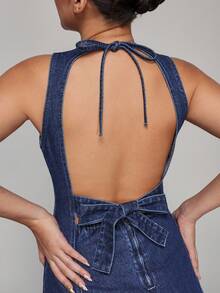 SHEIN PETITE 女式性感露背系带腰牛仔连衣裙，夏季 - 深色水洗藍 - 查看 3