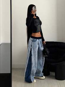 StreetHx 女式撞色口袋休闲时尚街头阔腿牛仔裤 - 藍色 - 查看 1