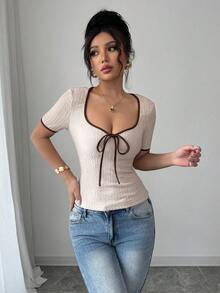 Selianne French Style Color Block Deep V-Neck Bow Design Fitted Women T-Shirt - Multicolor - View 6