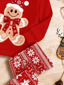 SHEIN Young Girls Festive Christmas, Christmas Red, Cute Cartoon Gingerbread Man Mini Bow Print, Vibrant Fair Isle Pattern Print, Family Party, Young Girl Casual Thermal Lined Soft Comfortable Long Sleeve Pants Pajama Set, Suitable For Autumn/Winter