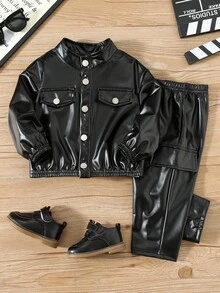 2 件套婴儿男童/女童休闲舒适百搭立领长袖厚 PU 夹克和休闲工装裤套装，适合冬季 - 黑色 - 查看 2