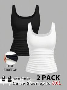 SHEIN CURVE+ 2pcs Plus Size Women Casual Crew Neck Ruched Waist Fitted Tank Top Set, Versatile For Daily Wear