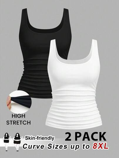 SHEIN CURVE+ Set de 2 piezas de top de tirantes ajustado con cintura fruncida y cuello redondo para mujer talla grande, versátil para uso diario