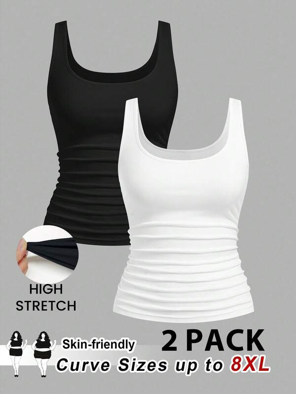 SHEIN CURVE+ 2pcs Plus Size Women Casual Crew Neck Ruched Waist Fitted Tank Top Set, Versatile For Daily Wear