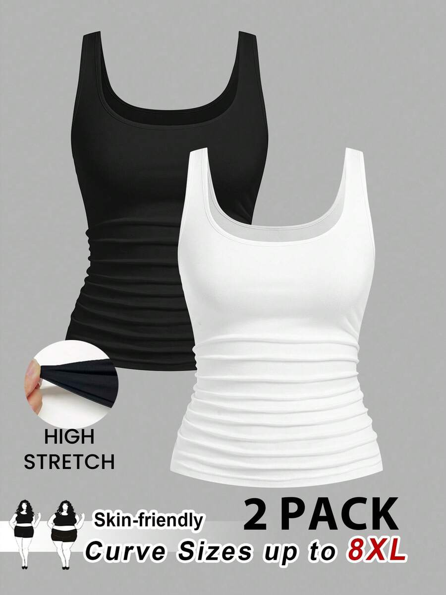 SHEIN CURVE+ 2pcs Plus Size Women Casual Crew Neck Ruched Waist Fitted Tank Top Set, Versatile For Daily Wear