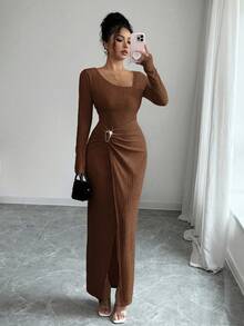 Elenzga 女士纯色时尚扭结长裙，不对称领口针织纹理紧身包臀裙，扭结开衩设计，优雅女士服装，秋季女装，冬季女士端庄服饰 - 棕色 - 查看 4