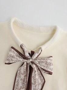 Franclia 女士优雅通勤系带拼色装饰开衫，秋冬 - 杏色 - 查看 3