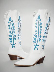 Solezae New Women's Embroidery Vegan Leather Pointed Toe Chunky Heel Slip-On Western Style Chic Cowboy Boots - White - View 2