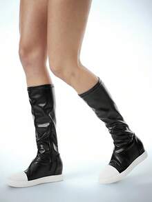 SHUZIA 女式时尚流畅设计仿皮舒适沟纹鞋底及膝长靴 - 黑色 - 查看 7