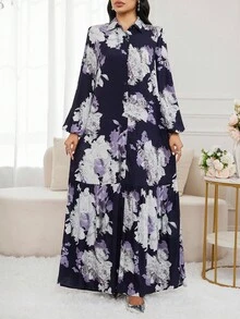 Al Najma 女式花卉印花灯笼袖单排扣阿拉伯风格连衣裙 - 彩色 - 查看 4