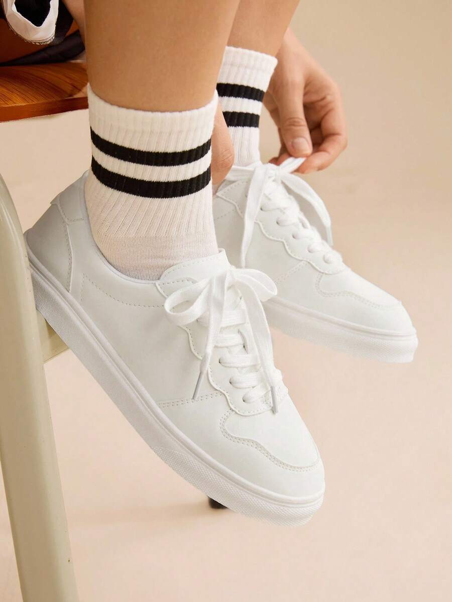 CUCCOO EASI Women's Round Toe Lace-Up Casual Sneakers, Flat Comfortable Athletic Shoes For Students - White - View 1