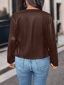 EMERY ROSE Plus Size Women Solid Color Zipper Front PU Leather Long Sleeve Jacket, Autumn Fall Winter Cloth For Women - Coffee Brown - View 2