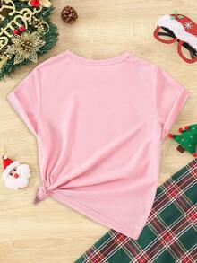 Merry Christmas! Baby Girl Christmas - Fashionable, Creative, Cute Sparkling Christmas Tree & Bow Print Short Sleeve T-Shirt, Suitable For Christmas Party - Pink - View 2