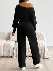 SHEIN 秋季連身褲，秋冬孕婦休閒/通勤純色不對稱領連身褲 - 黑色 - 查看 4