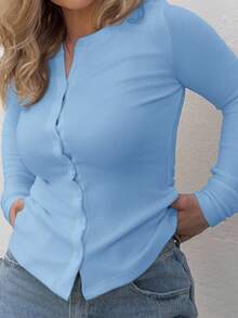 Jeta Ari Ribbed Button Through Long Sleeve Crew Neck Top, Casual Vacation Capsule Wardrobe Everyday Airport Holiday - Baby Blue - View 3
