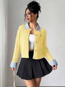 EMERY ROSE Áo khoác len cardigan ngắn 2 trong 1 chắp vá thời trang lấy cảm hứng từ Blogger, phong cách Châu Âu và Mỹ - Vàng nhạt - Xem 6