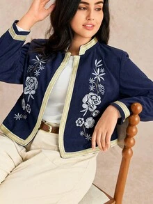 SHEIN LUNE Plus Size Women's Vintage High-End Design Ribbon Splice Stand Collar Long Sleeve Embroidered Cropped Cardigan, Versatile - Navy Blue - View 6