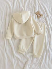 Loomiva 2pcs Baby Boy Cartoon Bear Pattern Contrast Color Hooded Jacket And Elastic Waist Pants Set - Multicolor - View 3