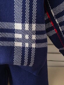 SHEIN 2件套条纹提花圆领长袖上衣和裤子，休闲修身 - 寶藍色 - 查看 5