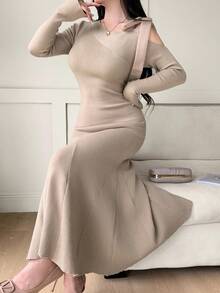 Feyla Women's Asymmetrical Shoulder Bowknot Waist Fishtail Hem Slimming Elegant Sweater Dress - Khaki - View 2