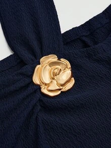 Elenzga 加大码女式纯色针织罗纹不对称肩部喇叭袖荷叶边修身长款优雅派对连衣裙 - 藏蓝色 - 查看 7