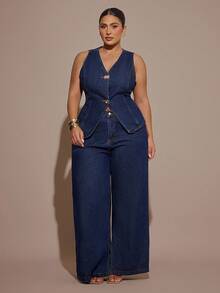 SHEIN BAE Ensemble deux-pièces en jean bleu foncé pour femmes grande taille. Veste sans manches avec boutons dorés, pantalon taille haute à jambes larges, style "Old Money". Tenue décontractée chic pour l'automne. - Jean brut - Voir 6