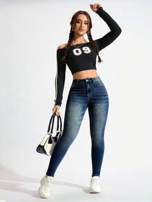 SHEIN ICON 女式高腰口袋紧身休闲百搭牛仔裤 - 深色水洗藍 - 查看 4