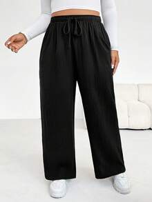 Shapeblank Pantalones casuales anchos de pierna ancha de algodón arrugado con cintura con cordón para mujeres de talla grande con forma de manzana, adecuados para vacaciones de invierno, pantalones negros, atuendos de aeropuerto, atuendo casual, pantalones de invierno para mujeres, atuendos de invierno para mujeres - Negro - Ver 7