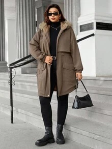Easura Plus Size Vintage Waist-Cinched Mid-Length Hooded Long Sleeve + Detachable Fur Collar Padded Coat