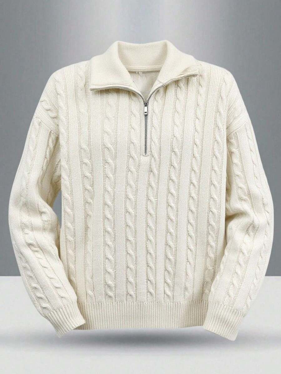 SHEIN Teens Boys' Casual Comfortable Versatile Solid Color Turndown Collar Half Zip Front Sweater