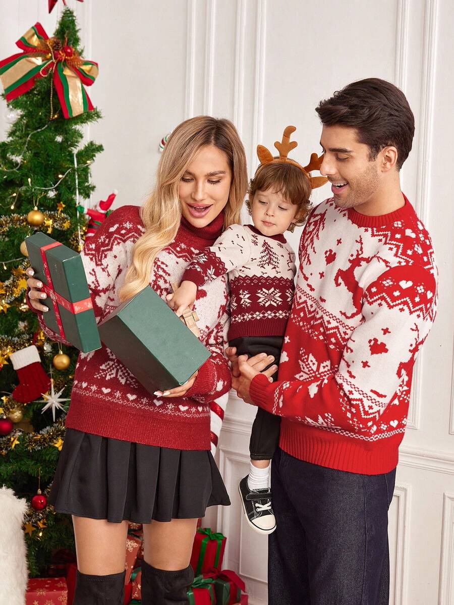 Manfinity RelaxMax 男士休闲驯鹿雪花图案圆领长袖毛衣，秋冬季，圣诞节适用 - 紅色 - 查看 1