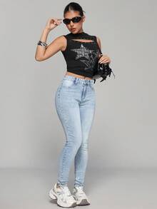 SHEIN Unity Women's Mid-Waist Slim Fit Blue Casual Versatile Denim Jeans - Light Wash - View 3