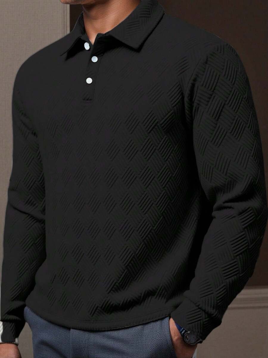 Manfinity Mode Áo thun polo dài tay màu trơn cỡ lớn dành cho nam, thường ngày/công sở - màu đen - Xem 1