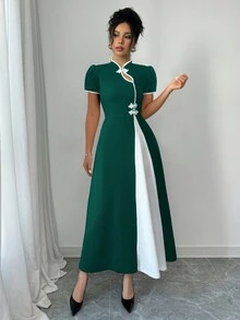 Rafferiza Women's Contrast Color Button Design Puff Sleeve Elegant Dress - Dark Green - View 6